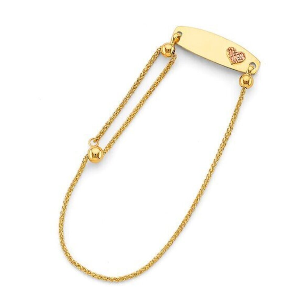 New 14K YELLOW GOLD Adjustable Heart ID Bracelet 4.5" TO 7" INCHES​